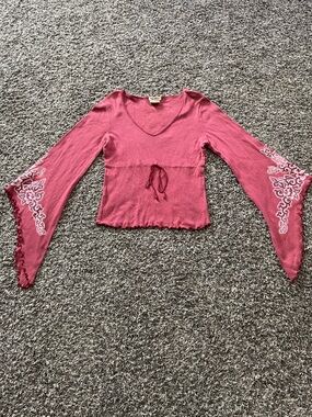 Vintage BoHo Paris Blues Rose-Pink Bell Sleeve Top (L)